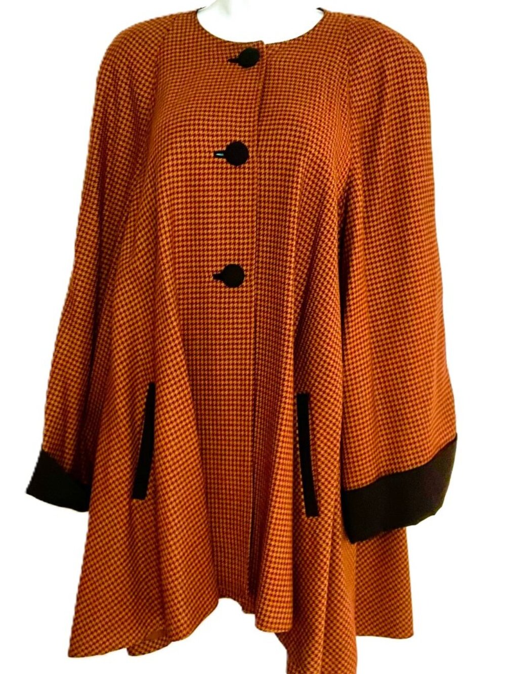 AV Vilento Houndstooth Swing Wool Coat Brown Black Lined Vintage Style Size L